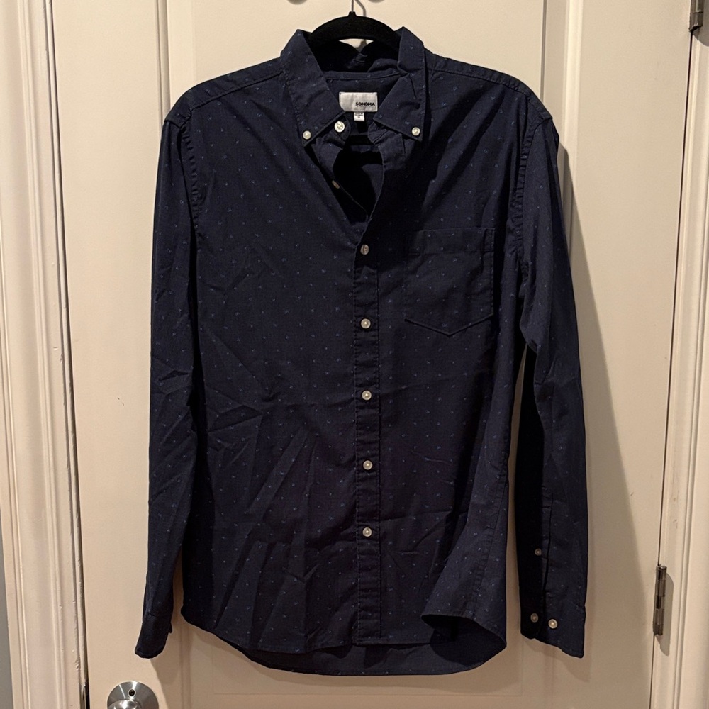 Sonoma Navy Button-Down Shirt with Subtle Dot Print